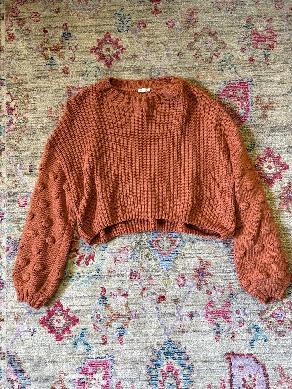 Cropped Rust Bubble-Sleeve Crewneck Sweater - Women